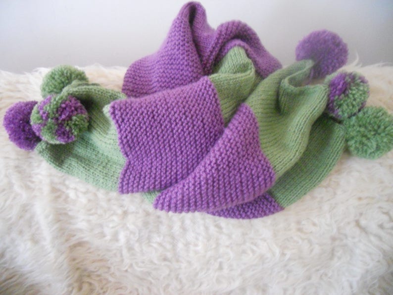 Hand Knitted Large Stylish Winter Scarf.Purple and Green image 0