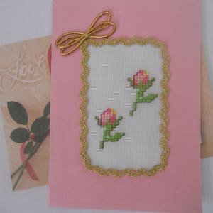 Greeting Card.Hand Embroidered Cross Stitch Card.Two Roses Card.Handcrafted Card.Gift for Her, Girlfriend, Wife. image 2