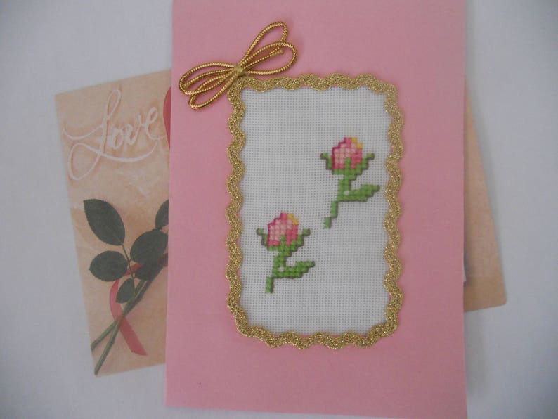 Greeting Card.Hand Embroidered Cross Stitch Card.Two Roses Card.Handcrafted Card.Gift for Her, Girlfriend, Wife. image 2