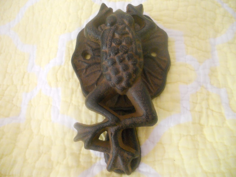 Cast Iron Frog Door Knocker.Frog on a Lily Pad Rusty Metal image 0