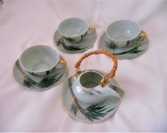 Vintage Celadon China Tea Set of 4 -  Creamer and 3 Cups With Saucers. Gold Trimmed Bamboo Design Made in Japan.