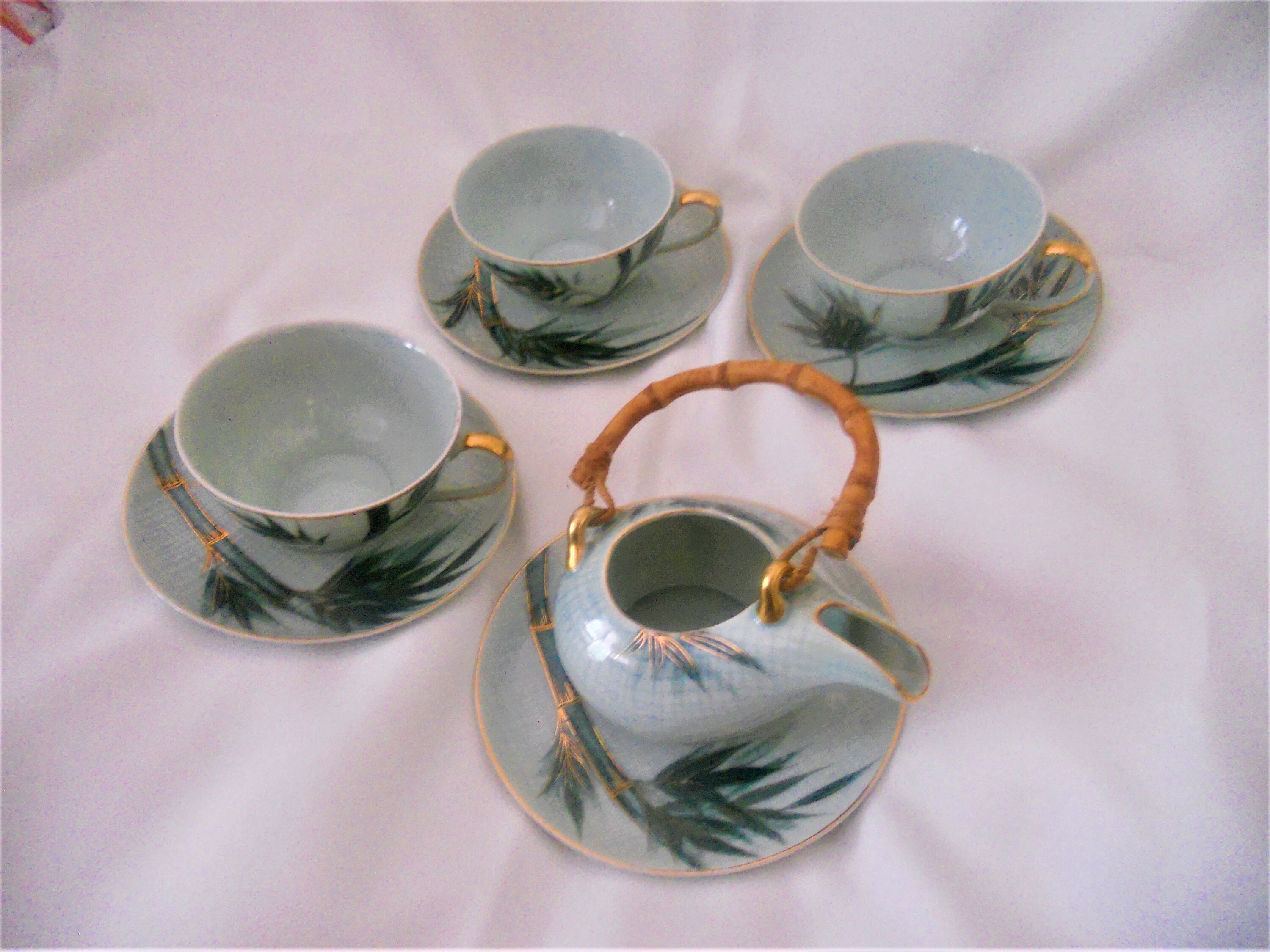 Vintage Celadon China Tea Set of 4 Creamer and 3 Cups With Saucers