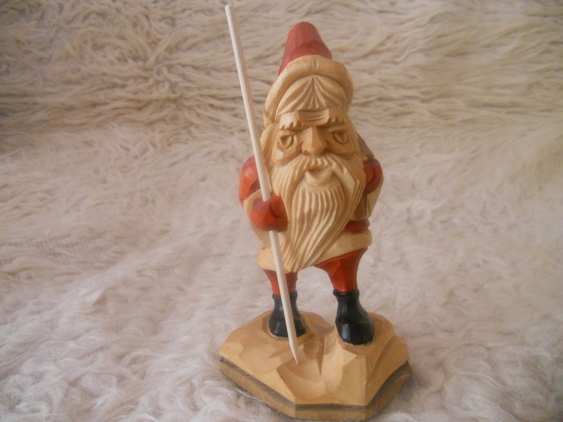 Santa Claus with Walking Stick Wood Carved Christmas Figurine. image 0