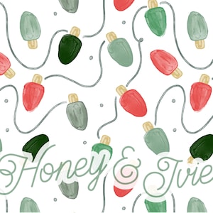 May include: A repeating watercolour pattern of Christmas lights in red, green, and muted green. The lights are connected by a grey wire and scattered on a white background. The text "Honey & Ivie" is at the bottom.