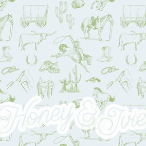 May include: A light blue background with a green and white pattern of western themed illustrations. The text "Honey & Jive" is in white with a green outline.