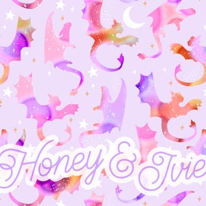 Sunset Glow Cluster Dragons. Seamless. Digital Pattern. Seamless Pattern. Stars. Moons. Purple. Orange. Gold. Magical. Fantasy. Whimsical.
