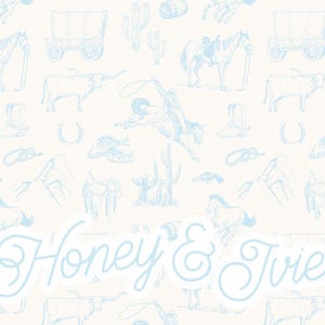Toile de jouy cowboy bleu ciel sur crème. Fichier transparent. Modèle sans couture. Cowboy sans couture. Dirigeant. millésime. Cactus sans couture. Ouest sans couture