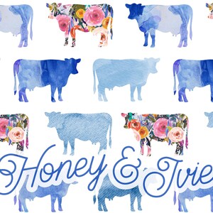 Vaches florales bleues aquarelles. Fichier transparent. Modèle sans couture. Ferme de fille. Ferme sans couture. Ferme lumineuse sans couture. Fille. Fleurs. Bleu marine.