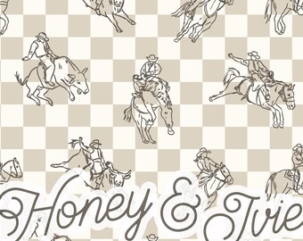 May include: A seamless pattern featuring cowboys riding bucking bulls and horses. The pattern is in black and white on a beige and white checkered background. The text "Honey & Trie" is in the center of the pattern.