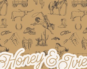 Cowboy Toile de Jouy Brown on Ochre. Seamless File. Seamless Pattern. Cowboy Seamless. Steer. Vintage. Cactus Seamless. Western Seamless.