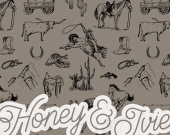 Cowboy Toile de Jouy Black on Stone. Seamless File. Seamless Pattern. Cowboy Seamless. Steer. Vintage. Cactus Seamless. Western Seamless.