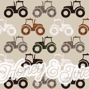 Tracteurs en lin olive + marron + taupe. Fichier transparent. Modèle sans couture. Tracteur sans couture. Ferme sans couture. Ferme aux tons de terre sans couture.