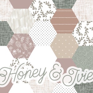 May include: A hexagonal pattern of fabric swatches in various shades of brown, gray, and white. The fabric swatches feature different patterns, including polka dots, stripes, and floral designs. The text "Honey & Jive" is written in a stylized font across the bottom of the image.