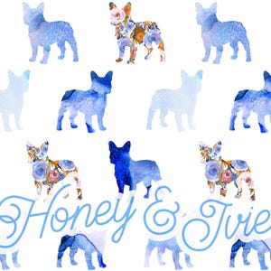 Blaue Aquarell Blumen Französische Bulldoggen. Seamless-Datei. Nahtloses Muster. Mädchen. Blüten. Niedlich. Franzosen. Hunde. Welpen. Marine. Aquarell.