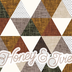 May include: Geometric pattern featuring triangles in various textures and colors, including brown, beige, green, and white. Some triangles have black polka dots. The text "Honey & Ivie" is overlaid on the design.