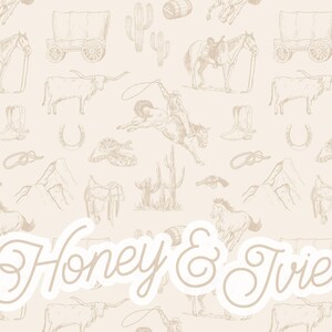 May include: A seamless pattern featuring a variety of western-themed illustrations, including cowboys, horses, cacti, wagons, and other symbols of the American West. The pattern is in shades of brown and beige on a light beige background. The text "Honey & Jive" is featured in a white banner at the bottom of the image.
