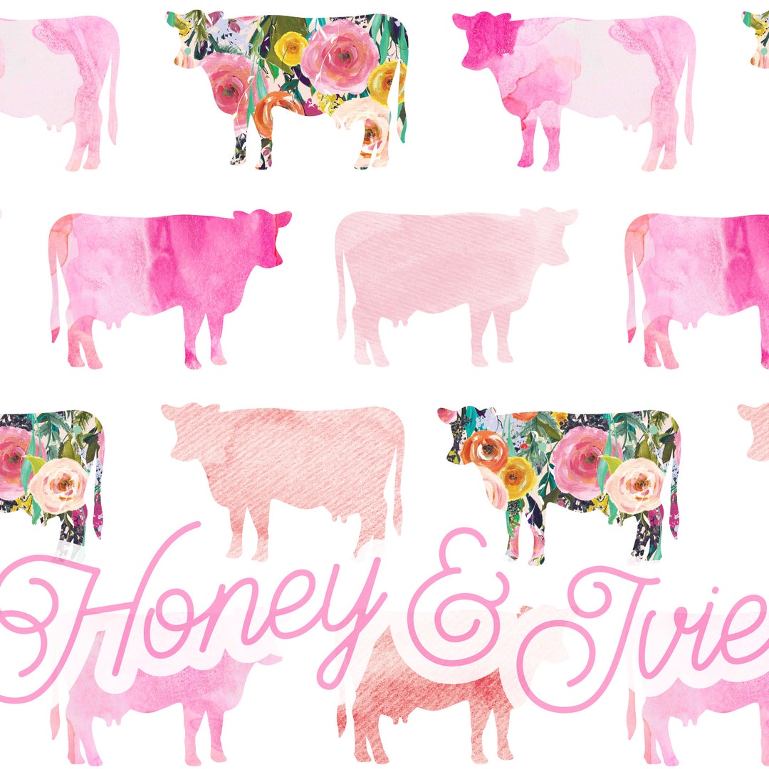 Pink Farm Pattern Pink Watercolor Floral Cows. Seamless File. Seamless Pattern. Girl Farm ...