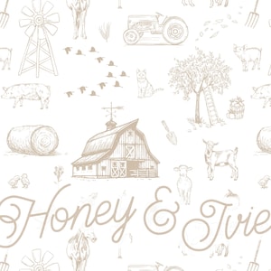 May include: A repeating pattern featuring farm-themed illustrations in a sepia tone on a white background. The design includes a barn, tractor, windmill, animals, and the text "Honey & Ivie".