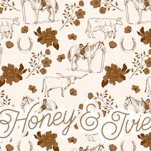 Cavalo floral Toile de Jouy Brown em Buff. Arquivo perfeito. Padrão sem emenda. Vaqueira Sem Costura. Dirigir. Vintage. Ocidental. Vacas. Flores Marrons.