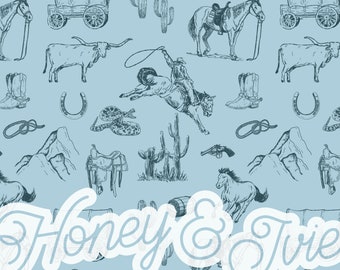 May include: A blue and white illustrated pattern featuring a variety of western and cowboy themed imagery, including horses, cacti, saddles, and a wagon. The text "Honey & Jive" is featured in a white cursive font.