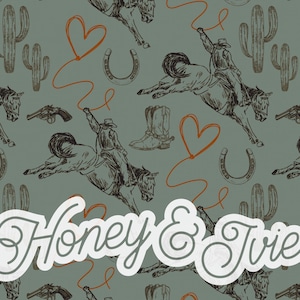 Valentijnscowboy Toile de Jouy 177-7. Naadloos bestand. Naadloos patroon. Cowboy. Liefde. Vintage. Cactus naadloos. Westers. Salie. Roest. Groen.