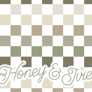 Peut inclure: Un motif à carreaux dans des tons de brun, beige et vert avec le texte "Honey & Jive" en contour blanc.
