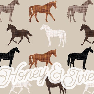 May include: A beige background with a repeating pattern of brown, black, and white horses. The horses are all in a running pose and have a textured fabric appearance. The text "Honey & Tribe" is written in white cursive letters across the bottom of the image.