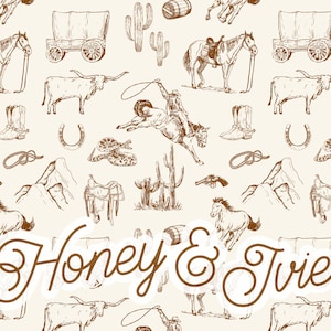 Toile de Jouy vaquero marrón sobre beige. Lima sin costuras. Patrón sin costuras. Vaquero sin costuras. Buey. Vintage. Cactus sin costuras. Western sin costuras.