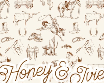 May include: A seamless pattern featuring hand-drawn illustrations of Western and cowboy themes. The pattern includes images of horses, saddles, cacti, cowboys, lassoes, mountains, and wagons. The text "Honey & Trie" is featured in the center of the pattern.