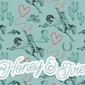 Valentijnsdag cowboy toile de jouy groenblauw. Naadloos bestand. Naadloos patroon. Cowboy. Liefde. Vintage. Cactus naadloos. Westers. Rode harten. Aqua.