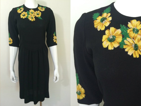 Vintage 1940s Black Crepe Dress with Yellow and Gr
