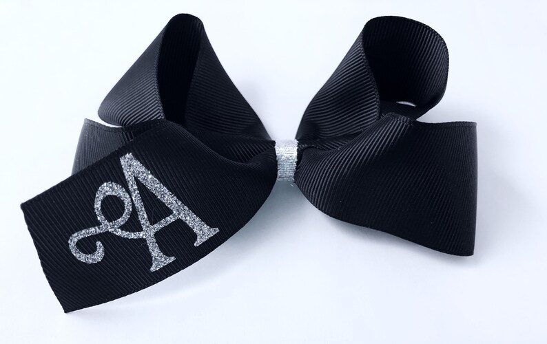 Monogram hair bow black hair bow silver glitter hair bow