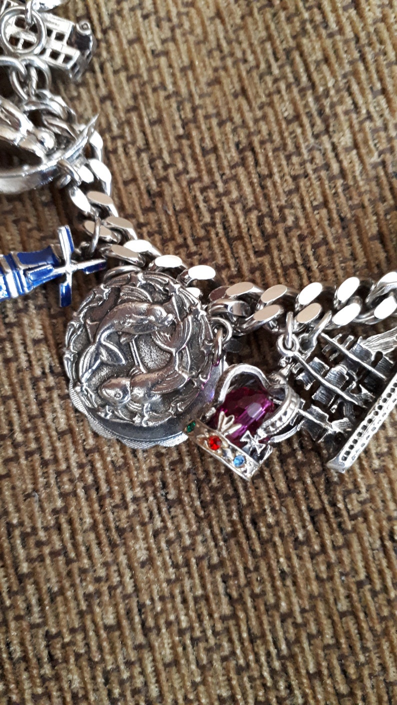 Windmill 1rs Man on Moon 25 + Cross Wagon Sterling Charm Bracelet-Loaded with 17 Charms-Jewelled Crown Bus,Lucky HorseshoeHeather