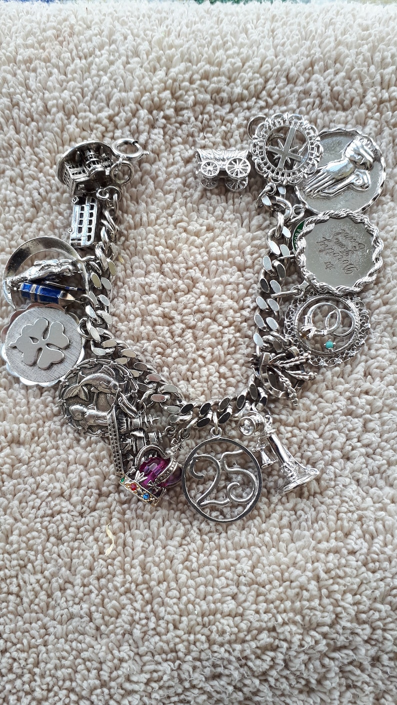 Windmill 1rs Man on Moon 25 + Cross Wagon Sterling Charm Bracelet-Loaded with 17 Charms-Jewelled Crown Bus,Lucky HorseshoeHeather