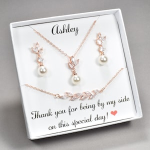 Personalized Bridesmaid gift Pearl Earrings set, Bridesmaid pearl Jewelry set, bridesmaid pearl necklace, cubic zirconia leaf bracelet