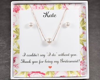 Personalized Bridesmaid Pearl Jewelry Set Bridesmaid gift Sterling Silver Earrings & Necklace