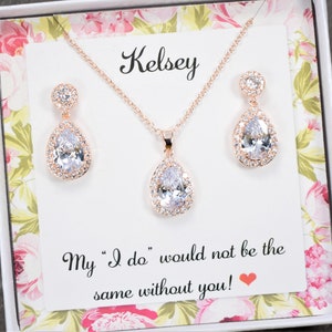 Rose gold cubic zirconia pear drop earrings and necklace, Bridesmaid gift, bridesmaid jewelry