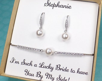 Swarovski Pearl Bridesmaid Jewelry Set: Sterling Silver Earrings & Bracelet