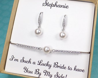 Bridesmaid gift pearl earrings, bridesmaid pearl bracelet set, Bridesmaid Jewelry Set Pearl Bridal party gift, bridesmaid pearl necklace