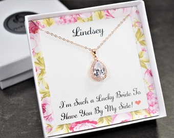 Collar de dama de honor personalizado: Lágrima de circonita cúbica, regalo de oro rosa