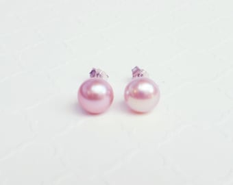 Lavender Pink Pearl Stud Earrings: Sterling Silver Bridesmaid Jewelry