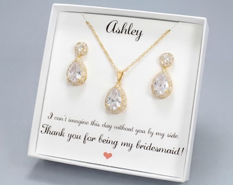 Regalo personalizado para dama de honor, pendientes de circonita cúbica de oro rosa, pendientes de dama de honor, propuesta de dama de honor, pendientes de boda, pendientes de novia