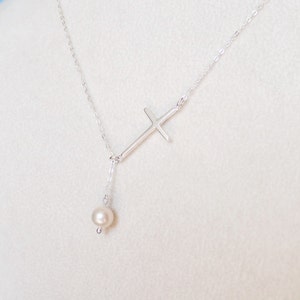 Cross necklace,pearl necklace,STERLING SILVER Cross Necklace,bridesmaids gift,Sterling Silver Lariat necklace image 3