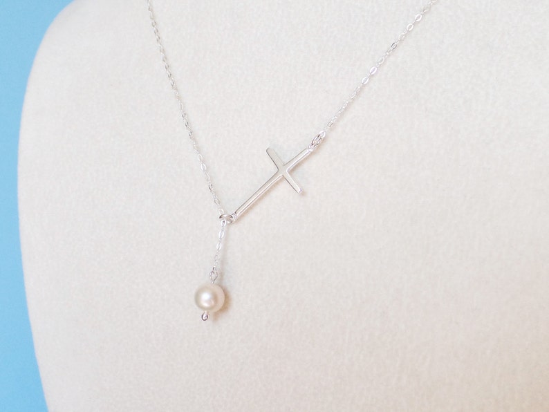 Cross necklace,pearl necklace,STERLING SILVER Cross Necklace,bridesmaids gift,Sterling Silver Lariat necklace image 3
