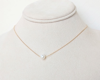 Rose gold necklace, Single Pearl Necklace, graduation gift Floating pearl necklace,bridesmaid gift, freshwater pearl necklace,14k filled