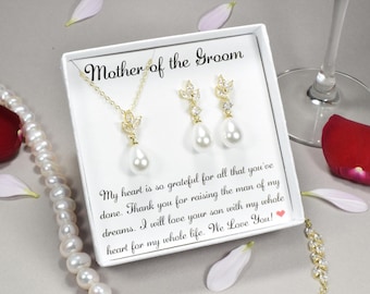 Conjunto de joyas de perlas: regalo para la madre de la novia o el novio bañado en oro de 14 k