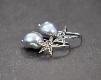 Pendientes de estrella de mar, pendientes de perla de estrella de mar, pendientes de perla gris barroca, pendientes de plata de ley 925, pendientes de perla colgantes