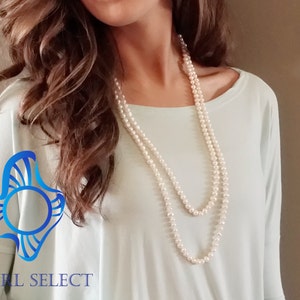 long pearl necklace 62&quot; 7-8mm white, sweater necklace, freshwater pearl necklace, Christmas gift baroque pearl necklace, opera necklace