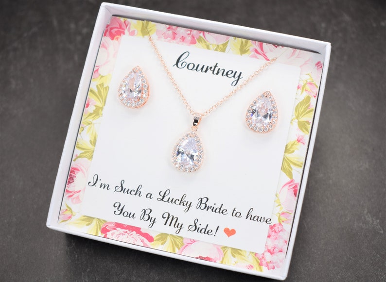 Rose gold cubic zirconia pear earrings and necklace, Bridesmaid gift, bridesmaid jewelry