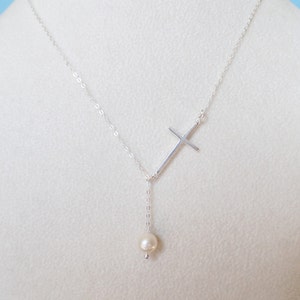 Cross necklace,pearl necklace,STERLING SILVER Cross Necklace,bridesmaids gift,Sterling Silver Lariat necklace image 4